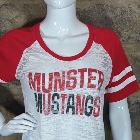 Pel‎ Industries Top Raglan Sleeve Burn Out Munster Mustangs Woman's Size Large - Picture 2 of 11
